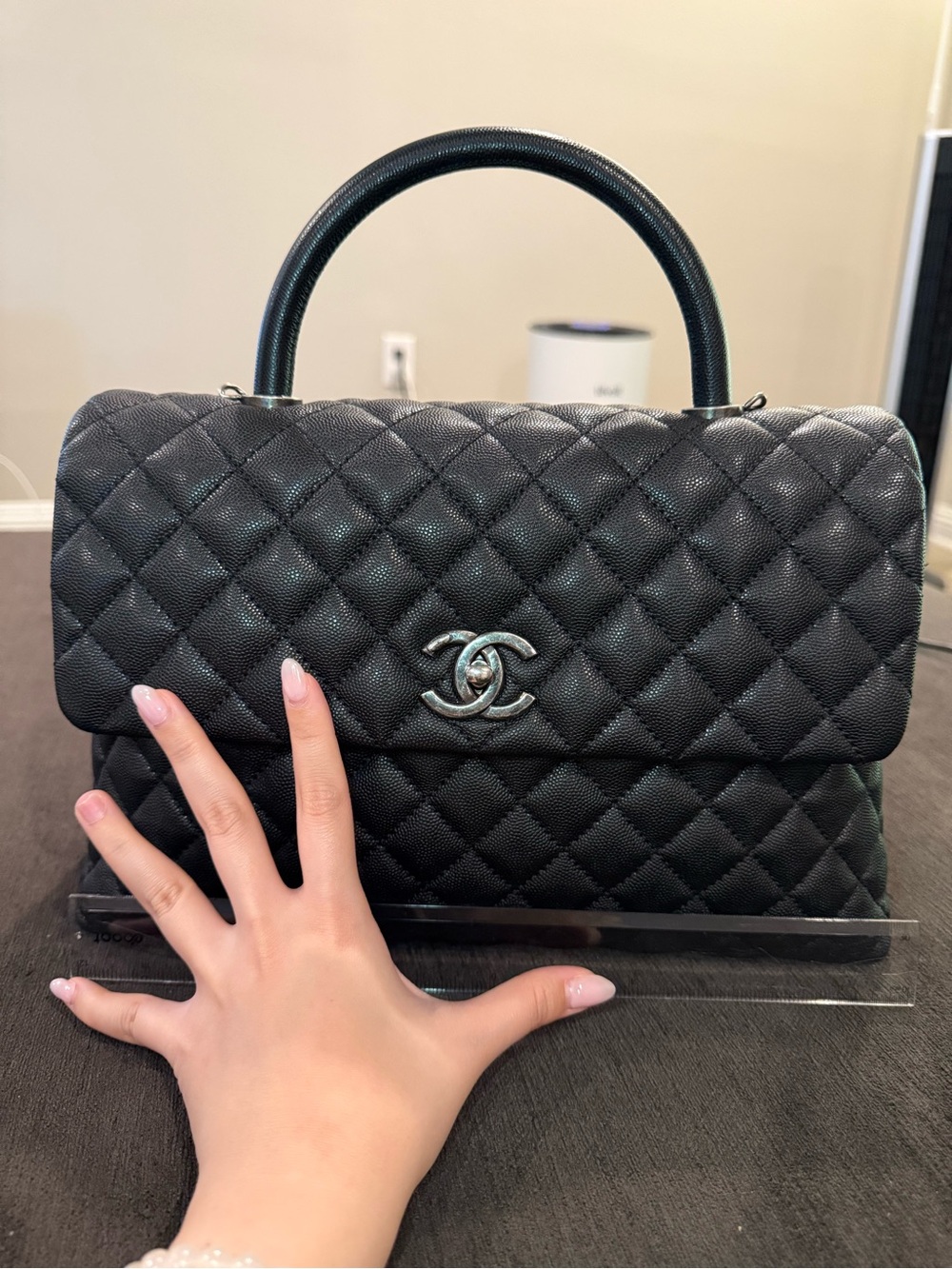 CHANEL Black Quilted Top Handle Satchel with Silver CC